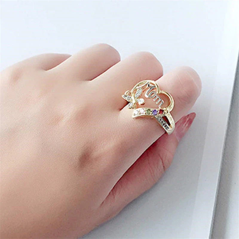 Elegant gold-plated heart-shaped ring with multi-colored rhinestone embellishments, a thoughtful Mother's Day gift