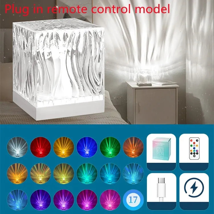 LED water ripple projection night light with remote control on wooden base showing colourful light patterns
