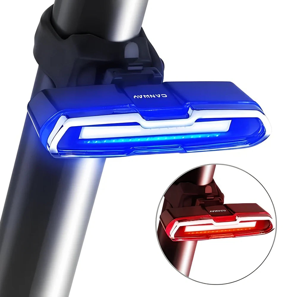 USB rechargeable red and blue mountain bike taillight with compact design and multiple lighting modes