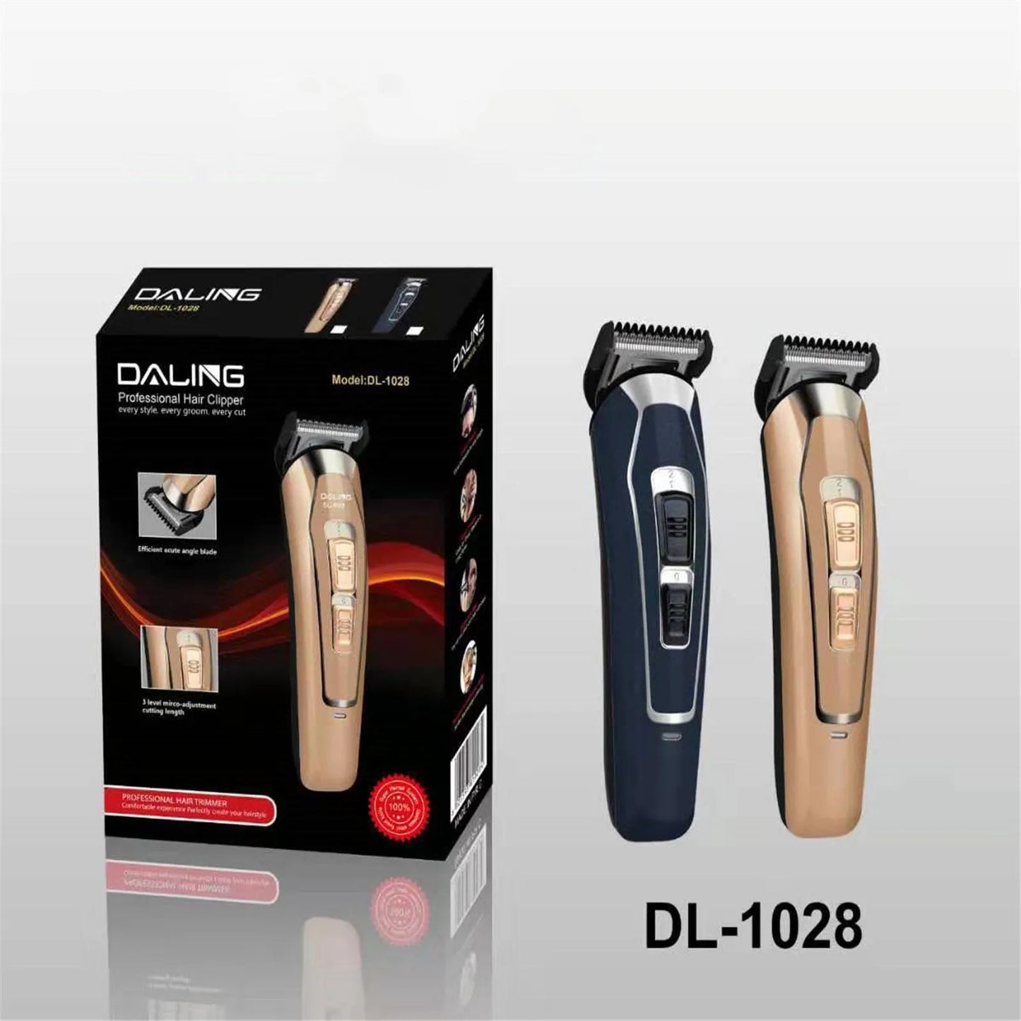 Dark blue rechargeable electric hair clipper with stainless steel adjustable blades on white background