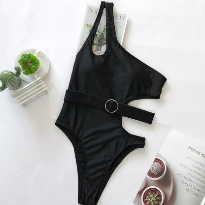 Black one shoulder bikini swimwear made from durable nylon