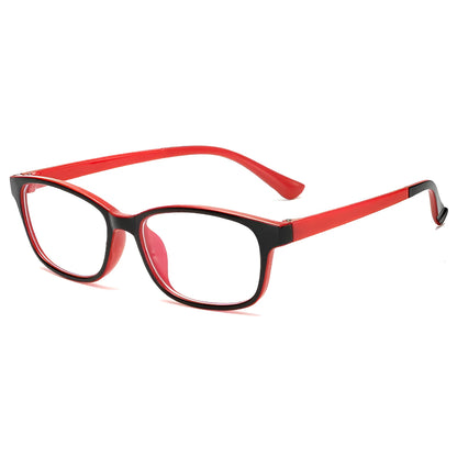 Anti-radiation glasses with PC full frame, flat mirror lenses, unisex anti-blue light design, available in blue, grey, and red.
