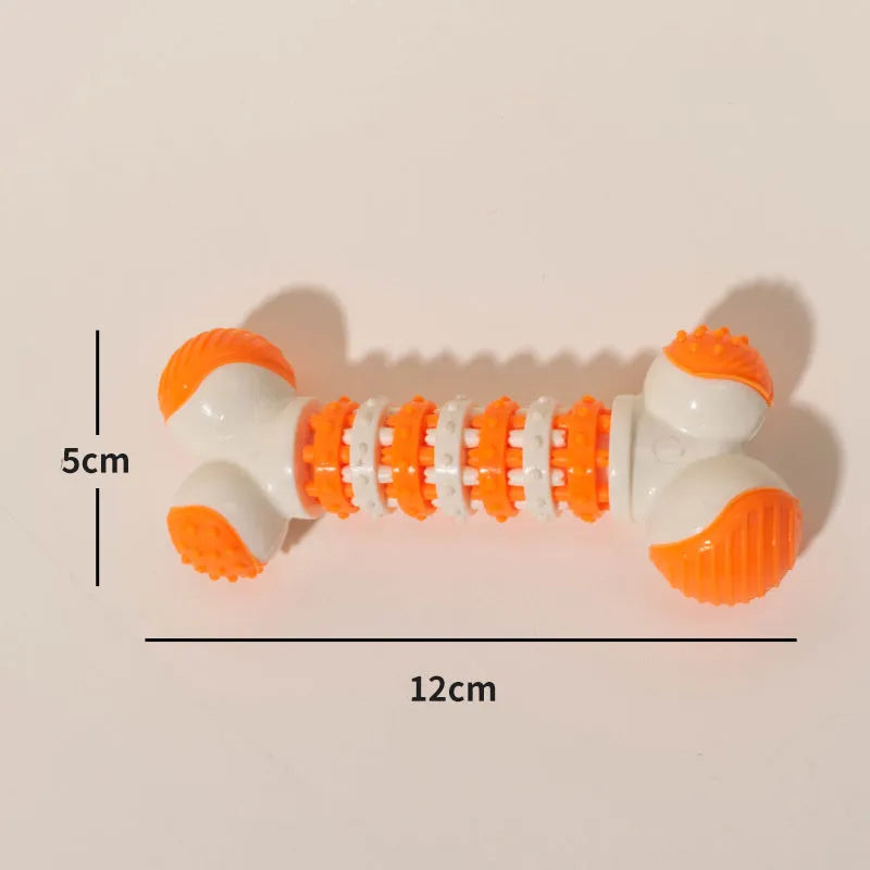 Bone-shaped interactive dog toy in blue, orange, or red for small breeds with treat holder