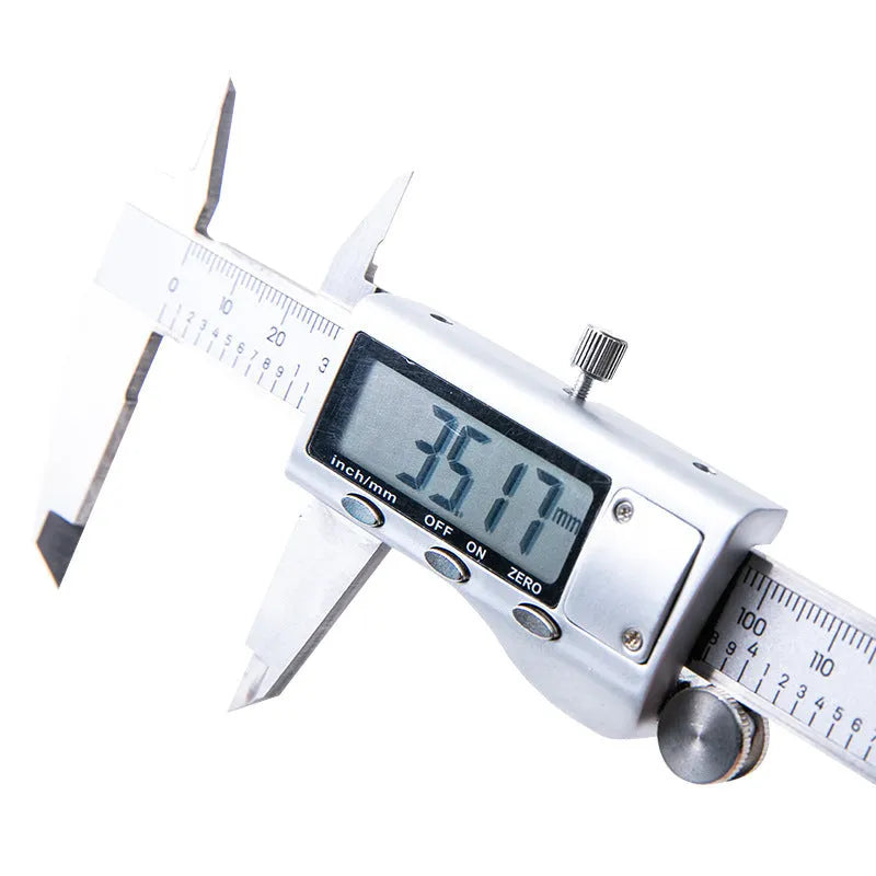 Deli digital vernier caliper, stainless steel, 78mm width, 0.01mm resolution, available in 0-150mm, 0-200mm, and 0-300mm models.