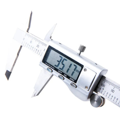 Deli digital vernier caliper, stainless steel, 78mm width, 0.01mm resolution, available in 0-150mm, 0-200mm, and 0-300mm models.
