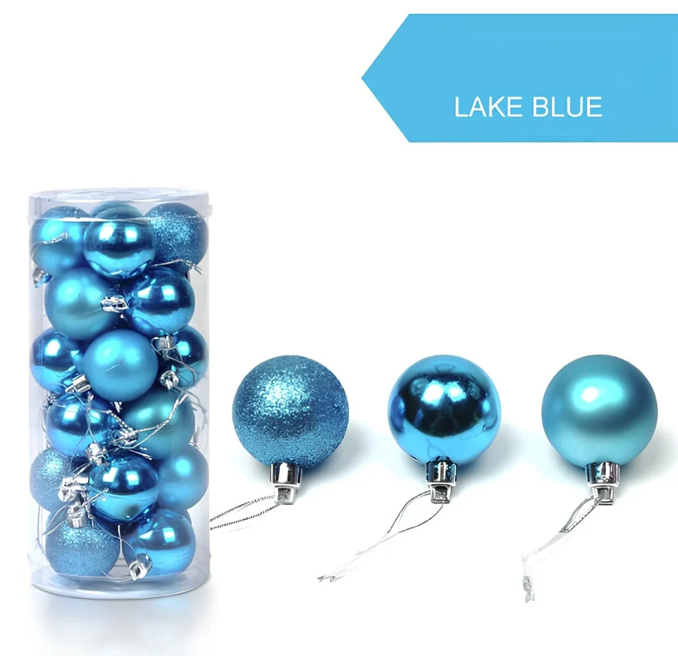 Christmas ball decorations in blue, green, purple, red, rose red, and silver colours showing 4cm, 6cm, and 8cm size comparison