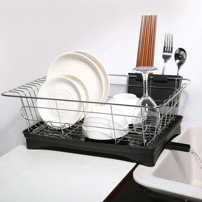 Black stainless steel dish drying rack with drain board and removable cutlery holder