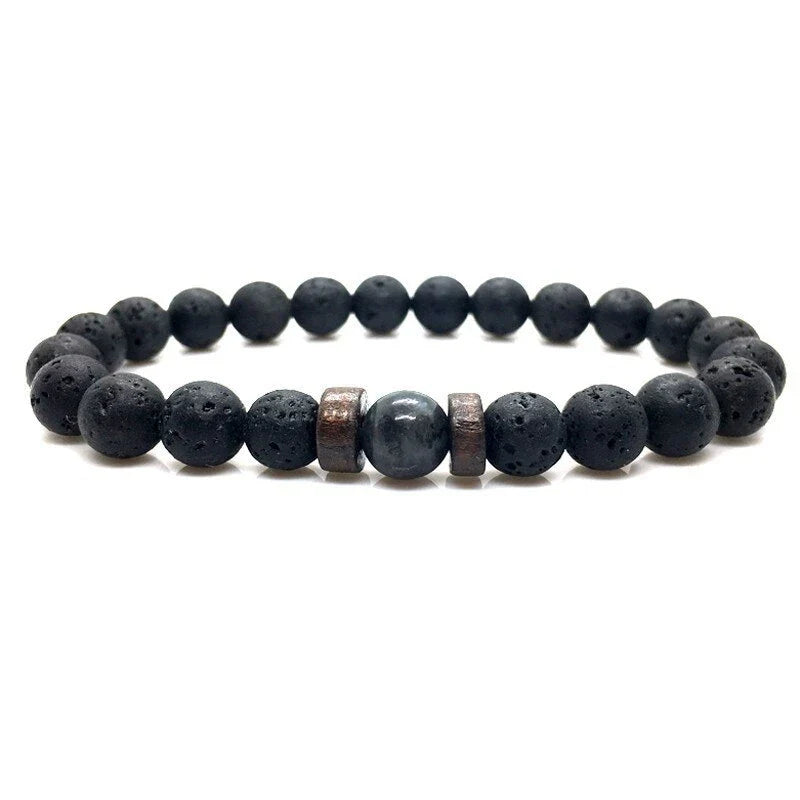 Stylish men's bracelet made with natural volcanic stone, flash stone, and wood chip in a geometric, mosaic-like design