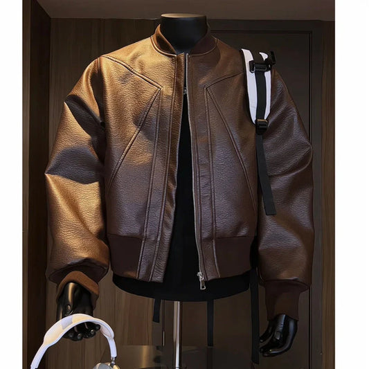 Men's black PU leather jacket with 100cm extended length in light business style