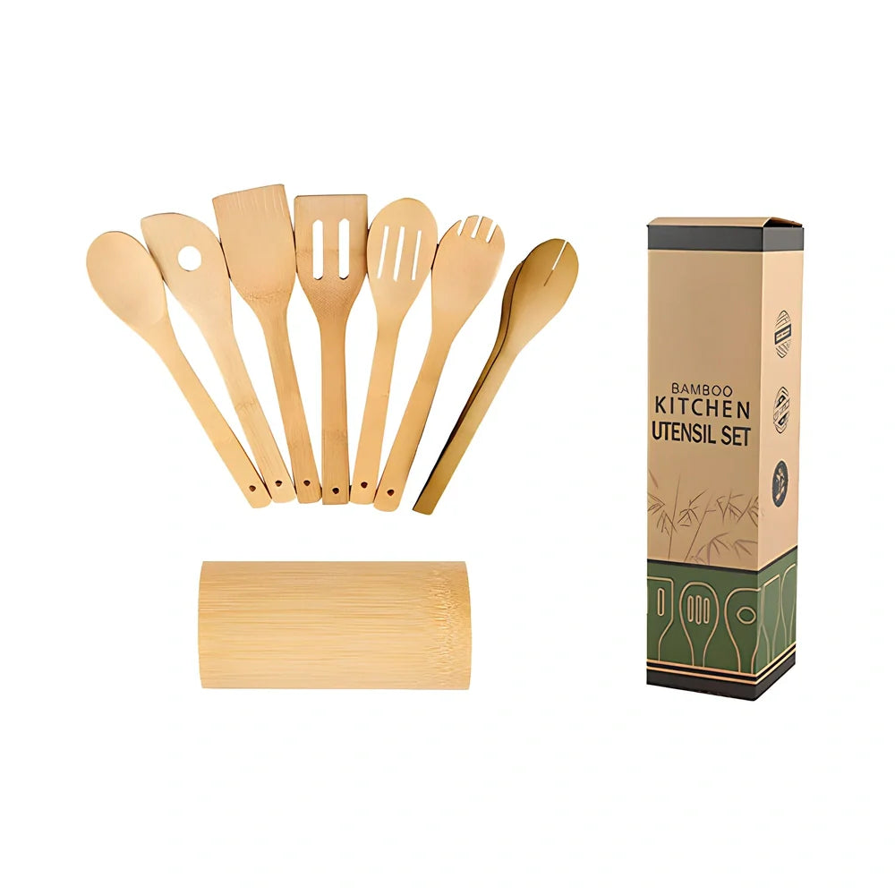 Bamboo spatula set with square bamboo holder containing various cooking utensils with ergonomic handles