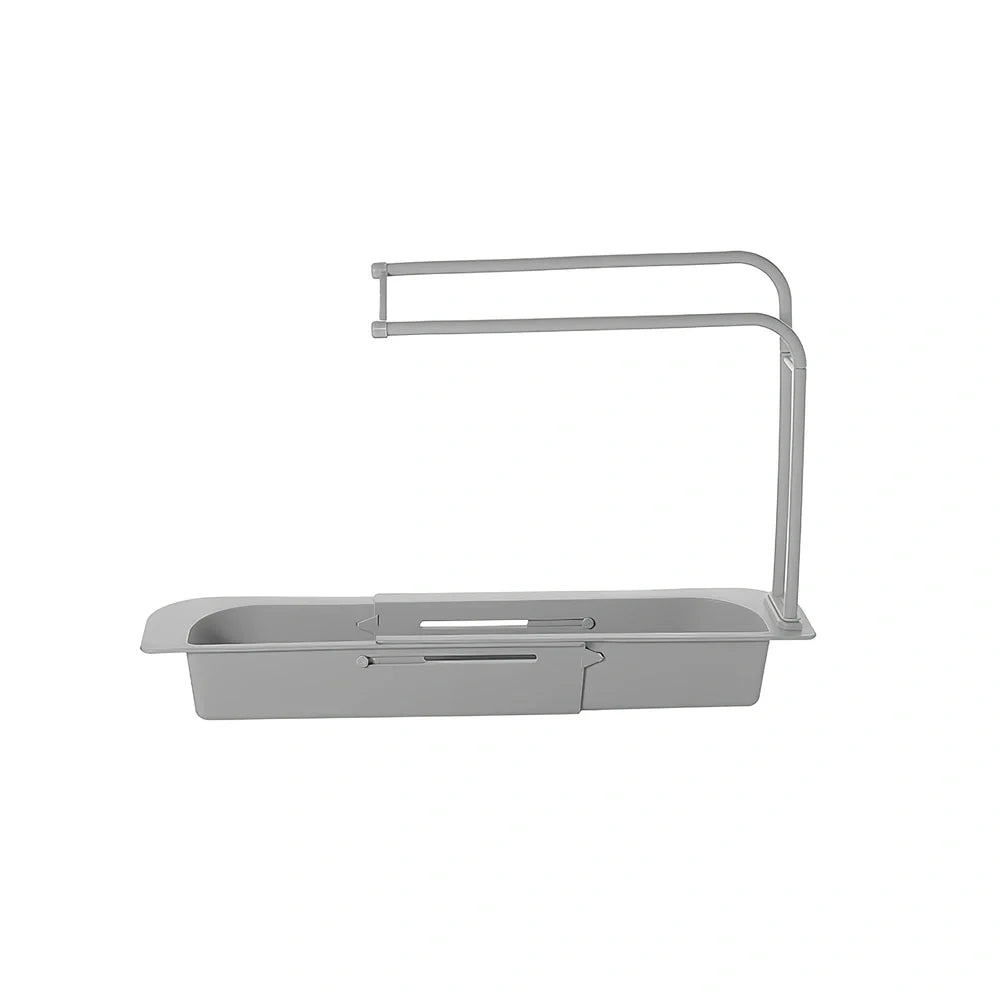 Blue telescopic sink rack holder with double-layer storage and drainage holes, mounted above kitchen sink