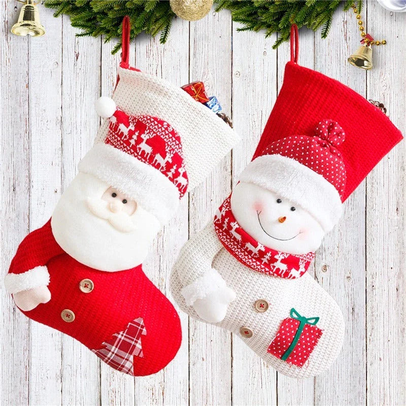 Premium knit Christmas stockings in Santa Claus and Snowman designs for festive holiday decor