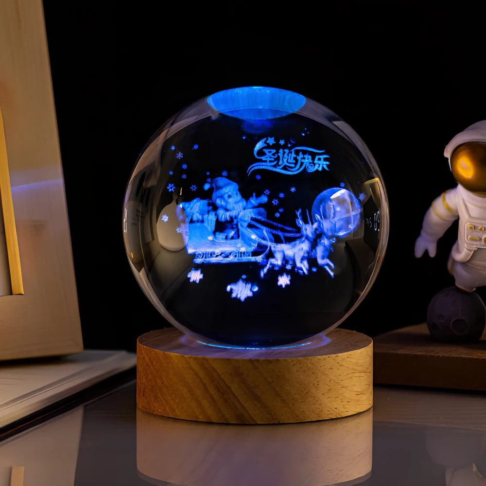 6cm crystal ball night light with Milky Way design on colourful base, USB cable connected