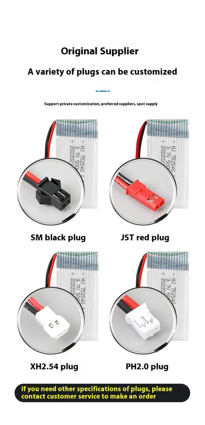 3.7V 500mAh 1S Li-Po drone battery, 44.6mm x 25mm x 8mm, for X5C RC model aircraft with JST PH2.0 SM XH2.54 plug options