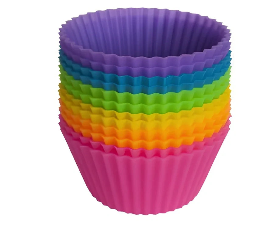 Six different coloured silicone cupcake liners showing fluted edges and nonstick surface