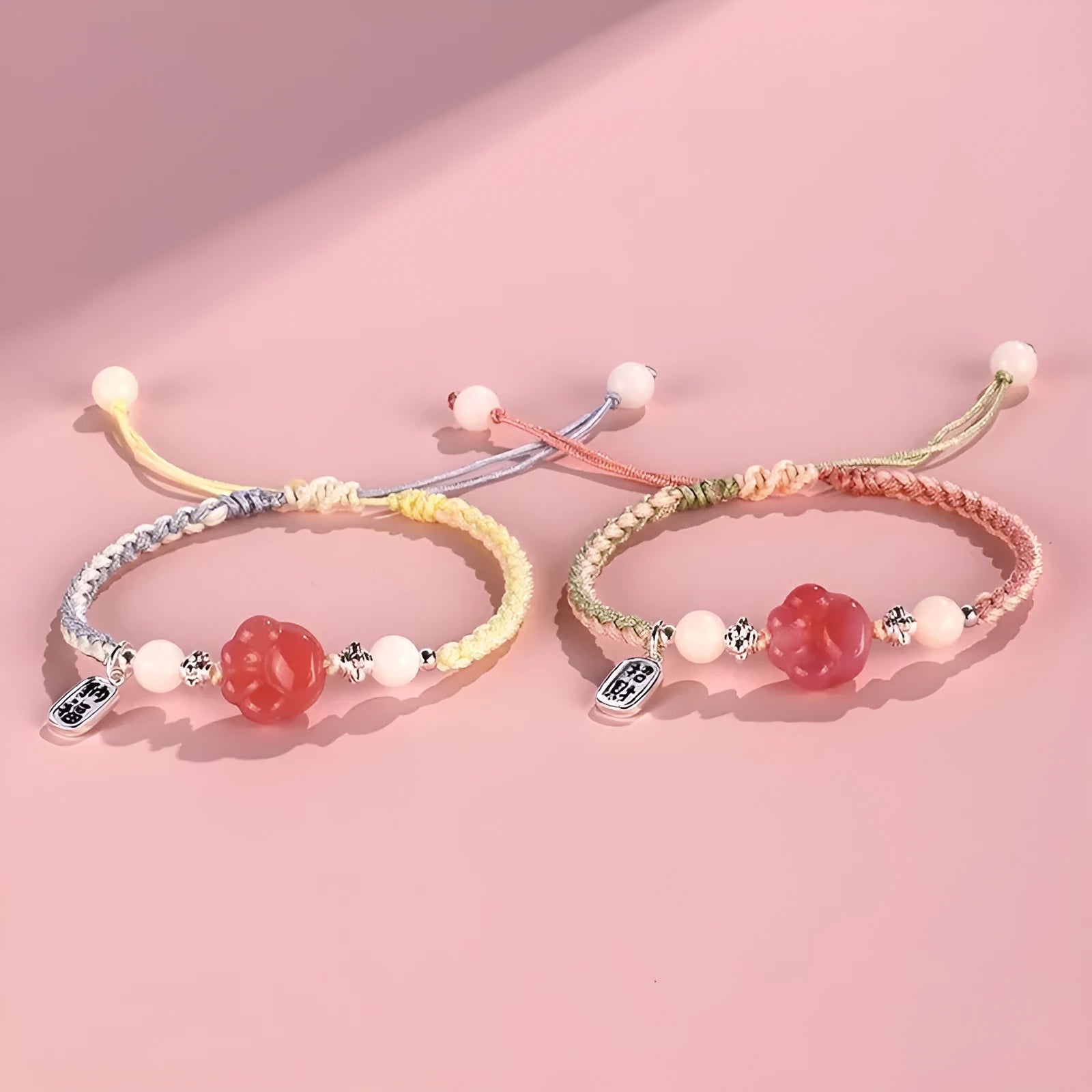 Red cat's paw woven couple bracelet with glass beads in pastoral style