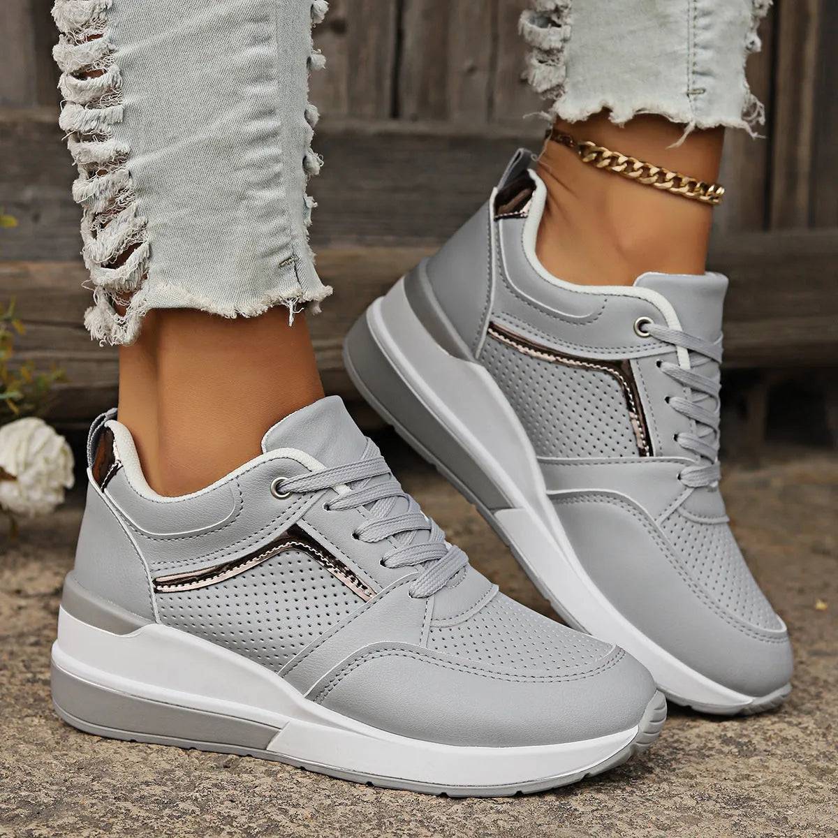 Women's white PU leather wedge platform sports shoes with front lace-up closure.