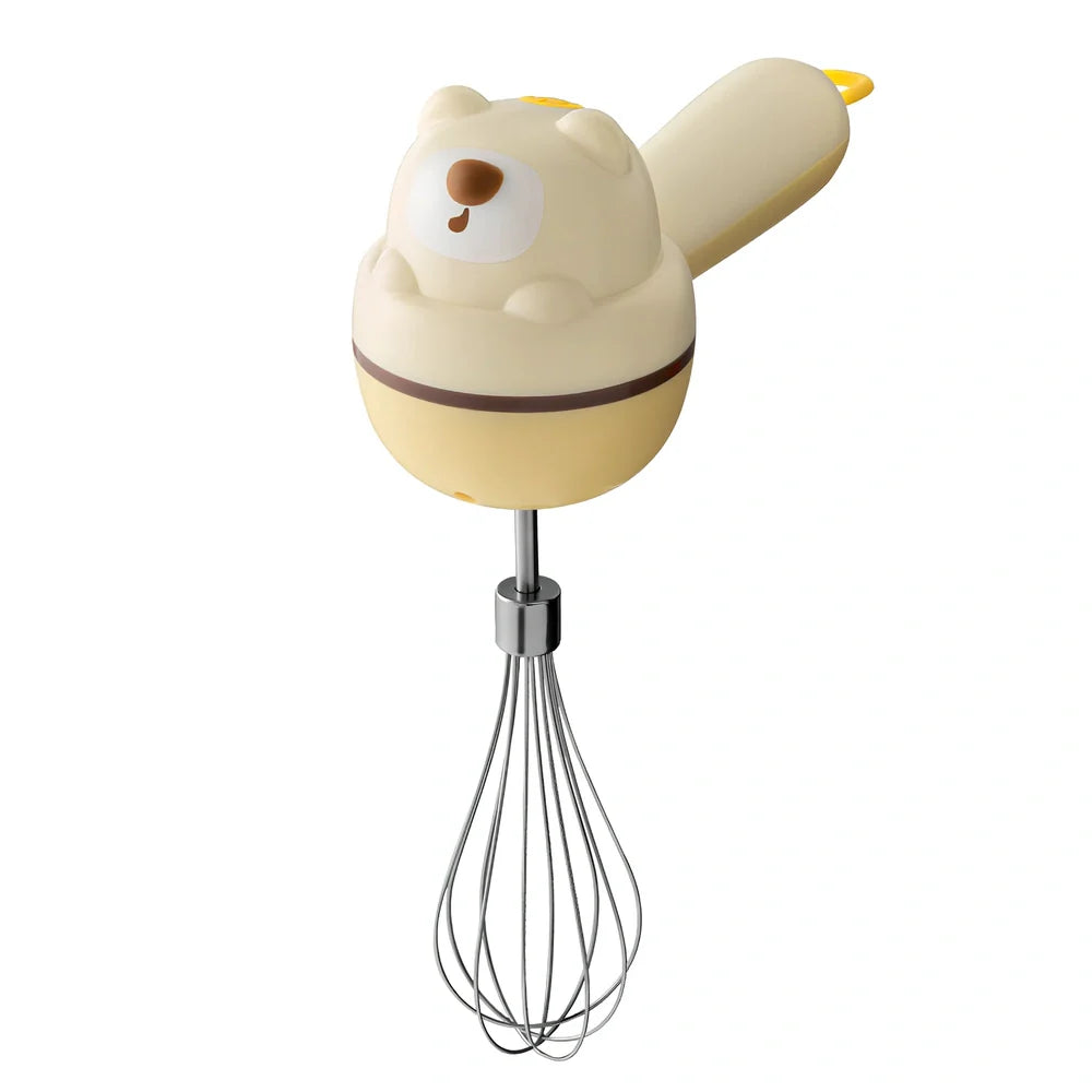 Yellow handheld electric whisk with stainless steel beaters and USB power cable