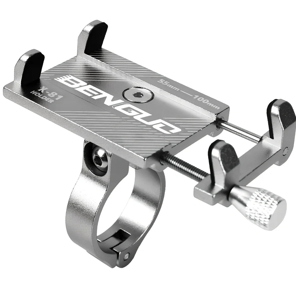 Black aluminium bicycle handlebar phone holder showing adjustable length and four-corner grip system