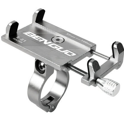 Black aluminium bicycle handlebar phone holder showing adjustable length and four-corner grip system