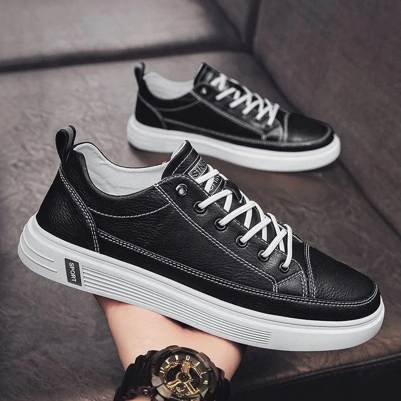 Men's casual flat-bottom shoes in beige, white, or black with a PU upper and round toe