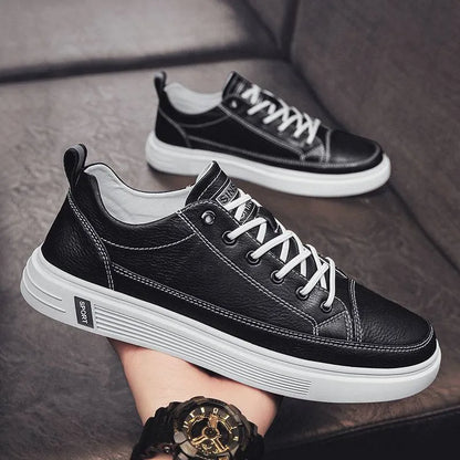 Men's casual flat-bottom shoes in beige, white, or black with a PU upper and round toe