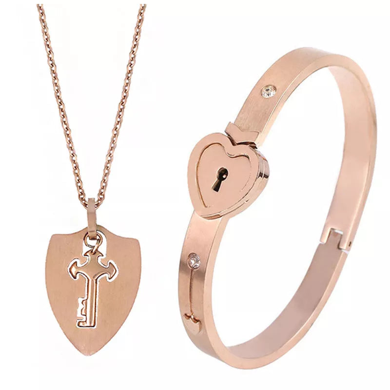 Titanium Steel Couple Love Lock Bracelet and Key Set in various colors