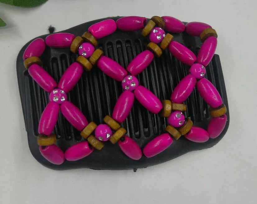 Elastic beaded hair comb with plastic frame and wooden beads, 17.5x10.3cm, vintage hair accessory
