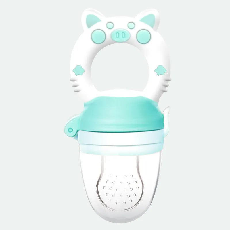 Blue, green, and pink silicone baby teethers with textured surfaces for chewing.