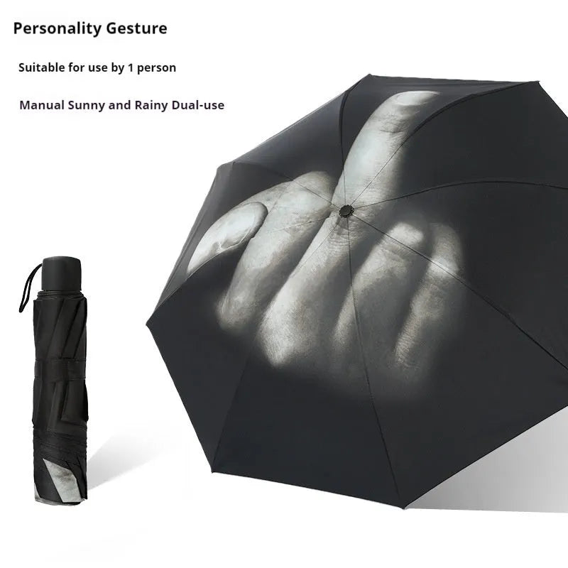 Folding umbrella showing tri-fold design with gesture motif and plastic handle