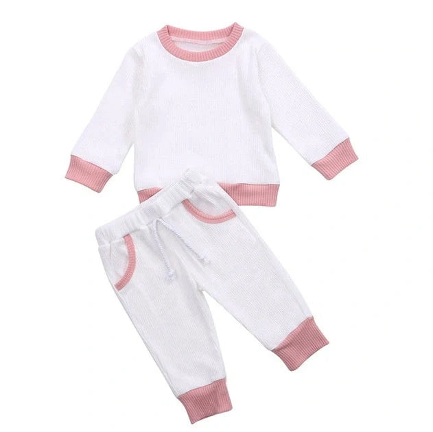 Girls' linen jacket and trousers set in brown, green, pink, or white, sizes 6M to 4T