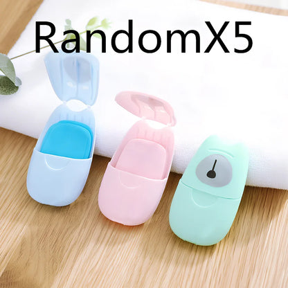 Pack of 50 pink biodegradable soap paper sheets, each 8x4.5cm, for portable hand cleaning on travels