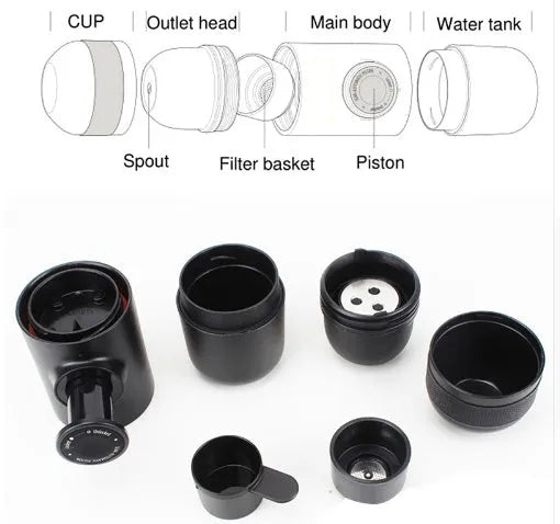 Black portable manual coffee machine with pressure gauge, 6cm wide and 17.5cm tall.