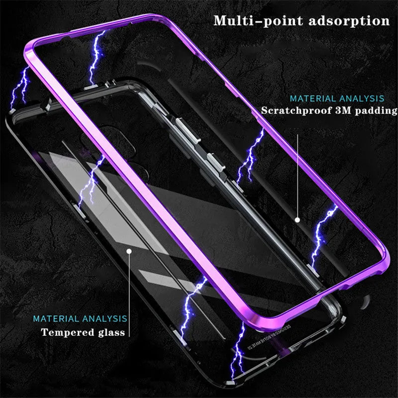 Magnetic phone case with 9H tempered glass back and metal frame for Huawei smartphones in black, blue, red, or white