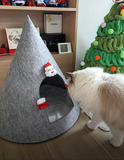Grey felt cone-shaped cat house with tent design for indoor pets