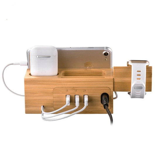 Premium bamboo charging station with slots for iPhone, iPad, and Apple Watch