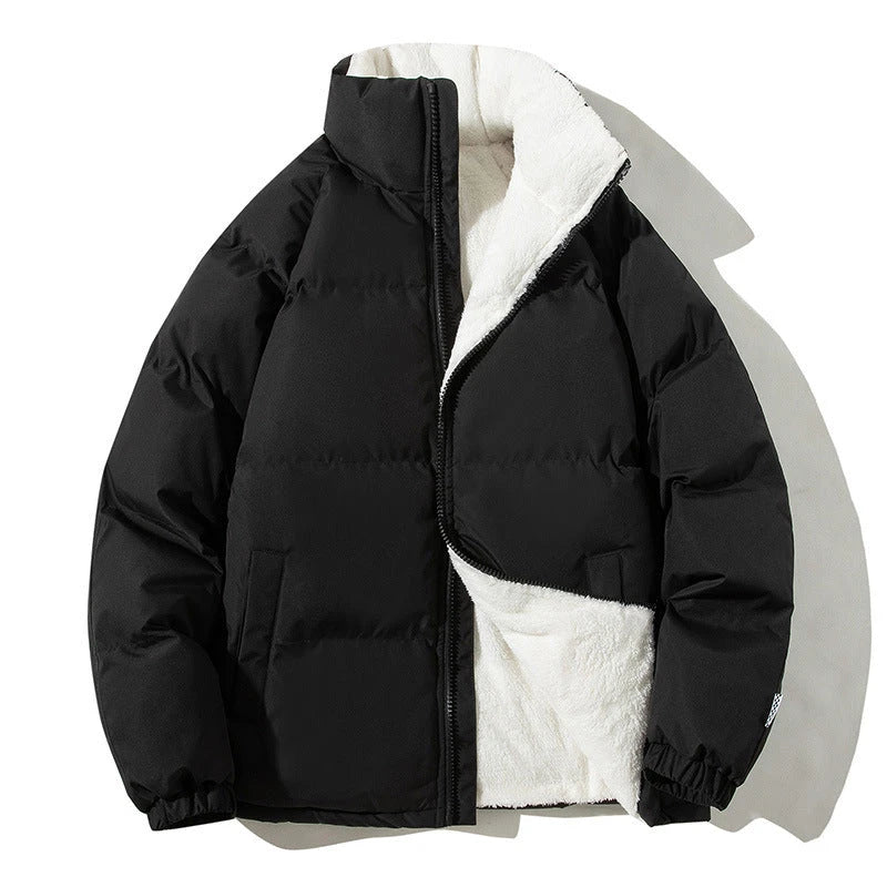 A plush, cozy winter jacket with a stand-up collar and pockets, available in a variety of colors for couples