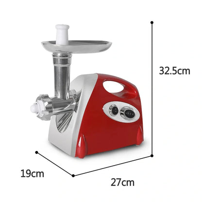 Red electric meat grinder with 800W motor processing 800 grams per minute with food-grade aluminium construction