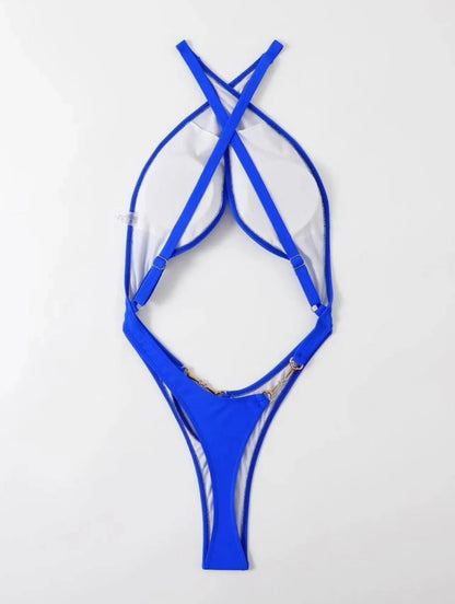 Women's solid blue one-piece swimsuit bikini on a mannequin