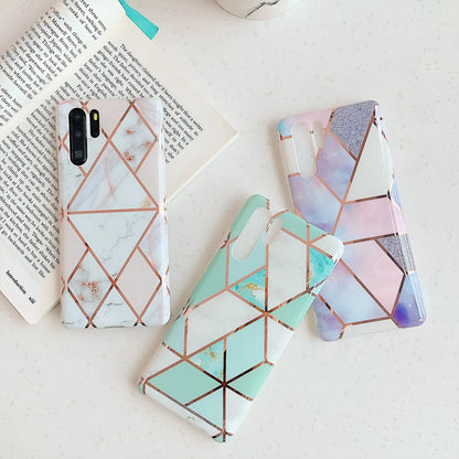 Electroplated marble mobile phone case in various colours for Huawei and Samsung models, showing slim TPU back cover design