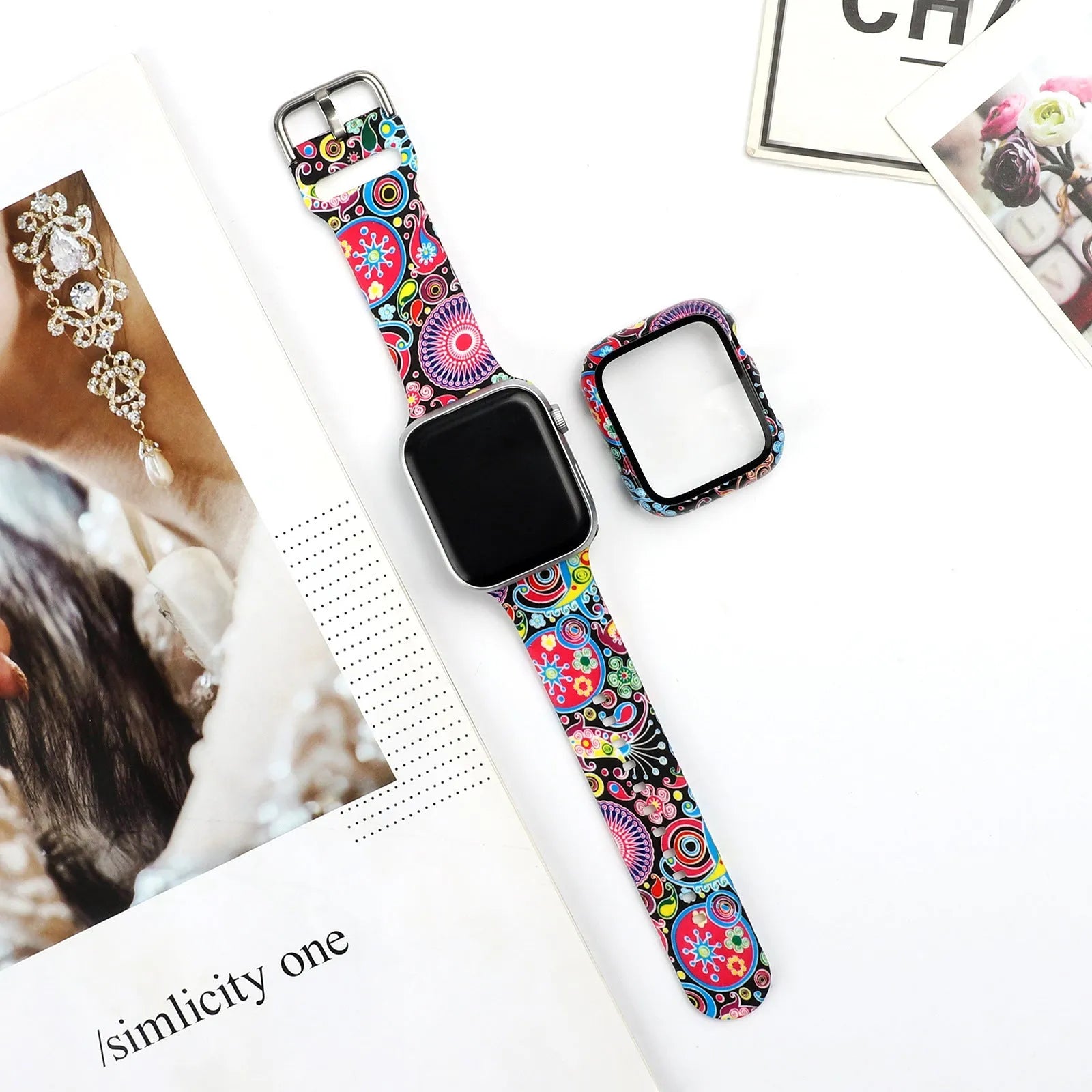 Printed silicone watch strap for Apple Watch 1-6 and SE models in multiple sizes