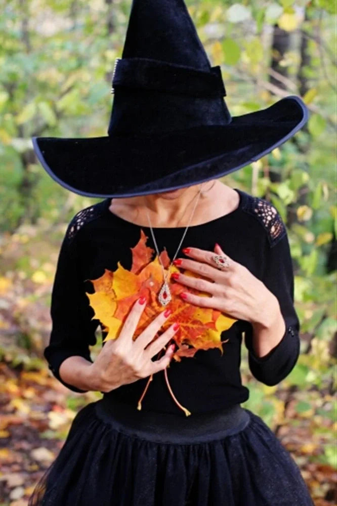 Halloween wizard hat in non-woven crepe fabric showing three style options: black, curved angle, and flocked orange