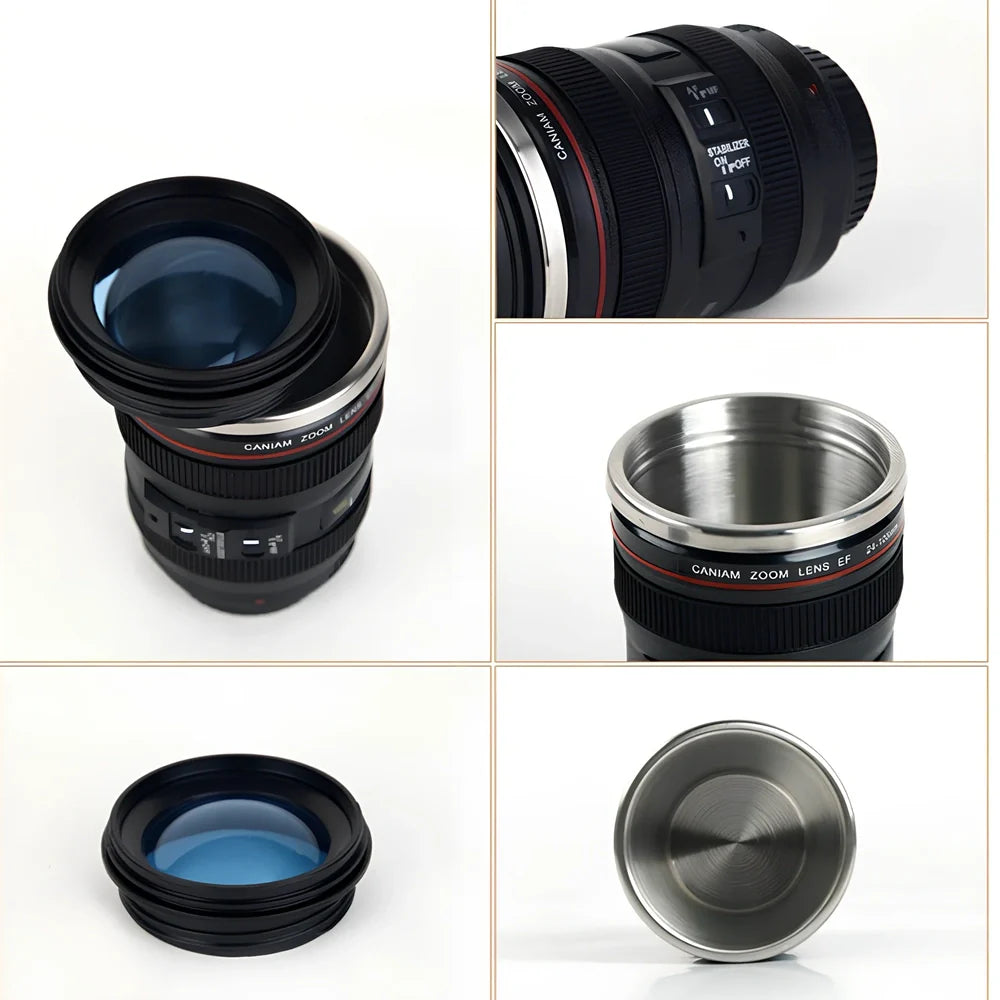 Stainless steel camera lens design travel mug with 400ml capacity and insulation