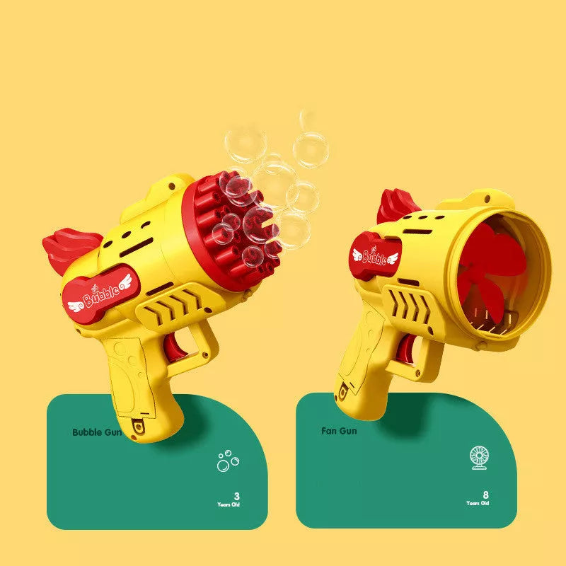 Luminous Bubble Gun Gatling Electric Toy for Kids in green, yellow, and blue