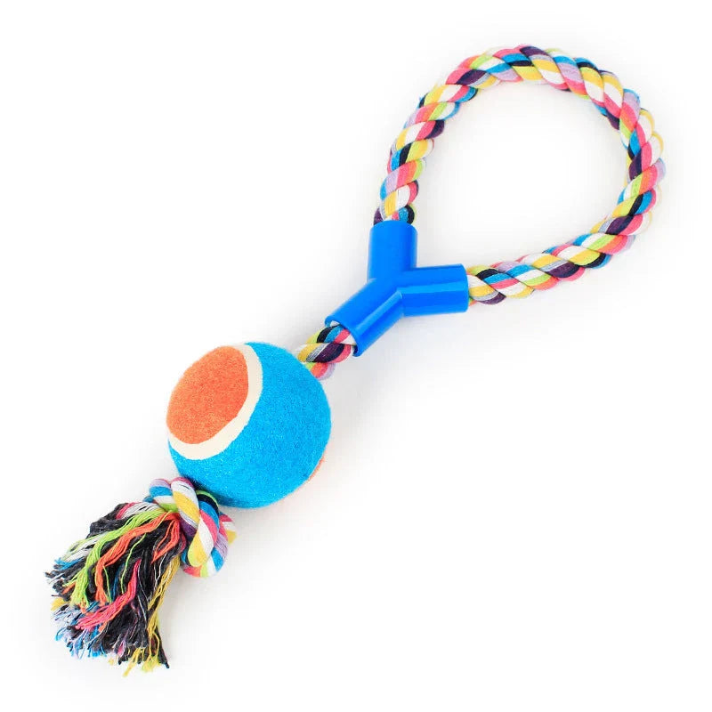 Multi-function dog chew toy with colorful rubber and cotton fiber rope for dental care and playtime