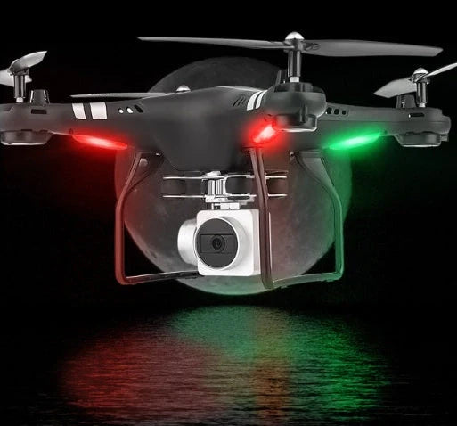 X52 UAV drone with protective frame in black colour, showing camera and bright night light
