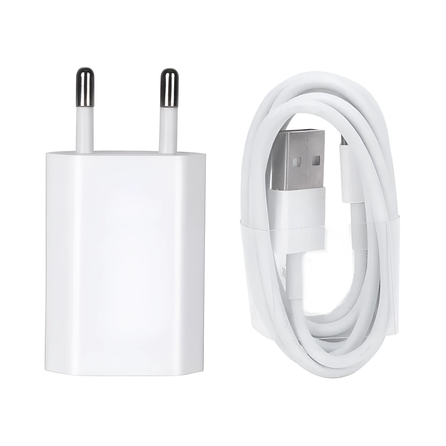 White USB wall charger with UK plug and a white Lightning cable for iPhone and iPad charging