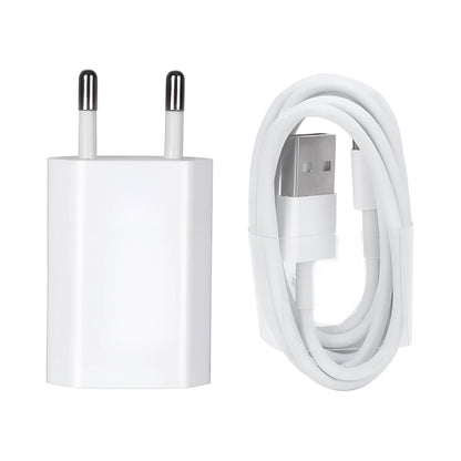 White USB wall charger with UK plug and a white Lightning cable for iPhone and iPad charging