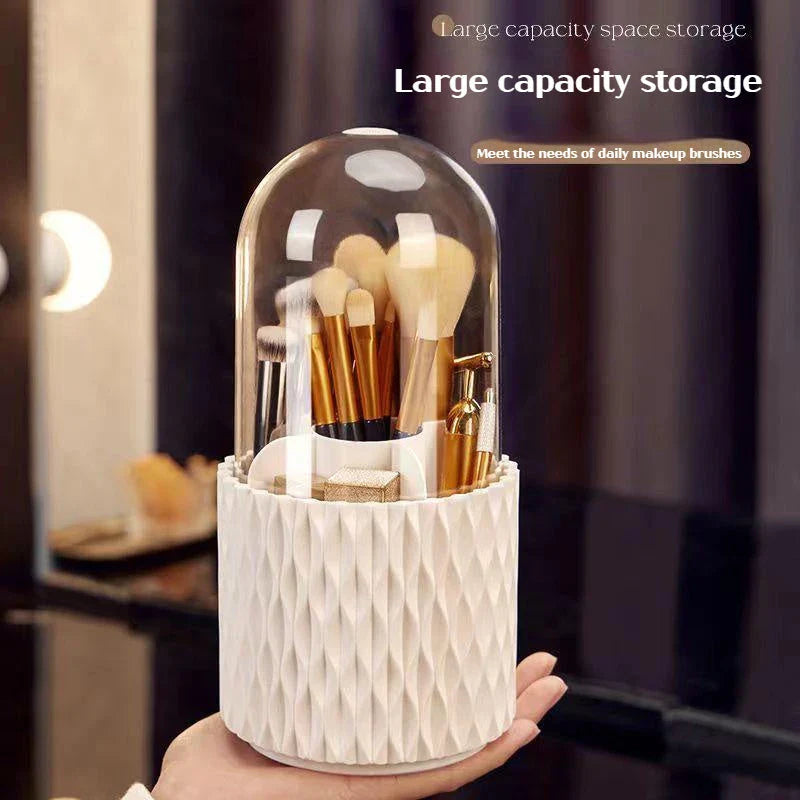 Rotating makeup brush holder with transparent cover, designed for organization and protection of cosmetic tools