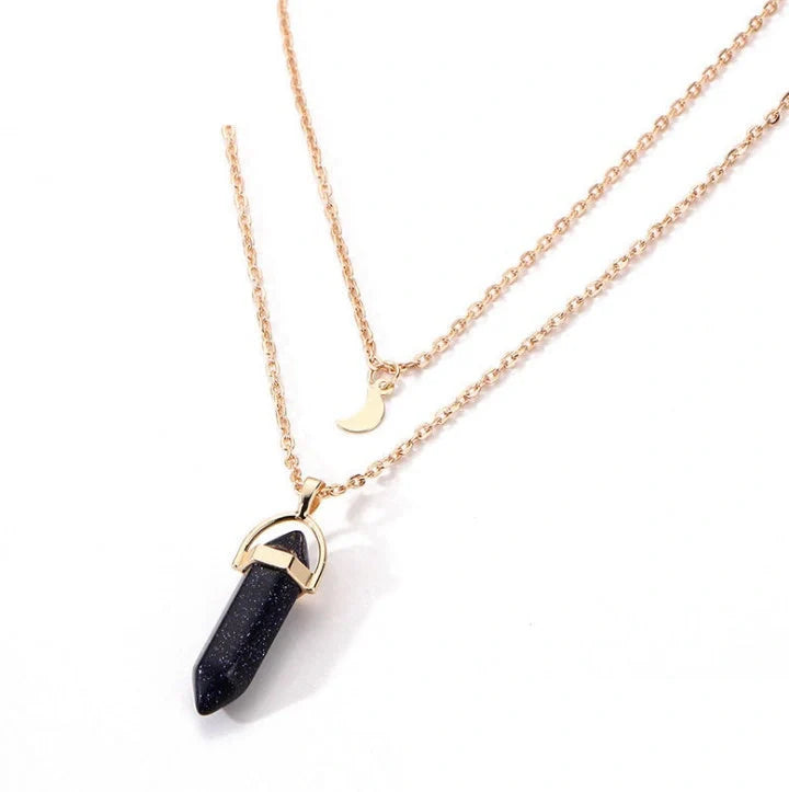 Stylish double moon natural stone pendant necklace with adjustable chain, available in multiple colors.